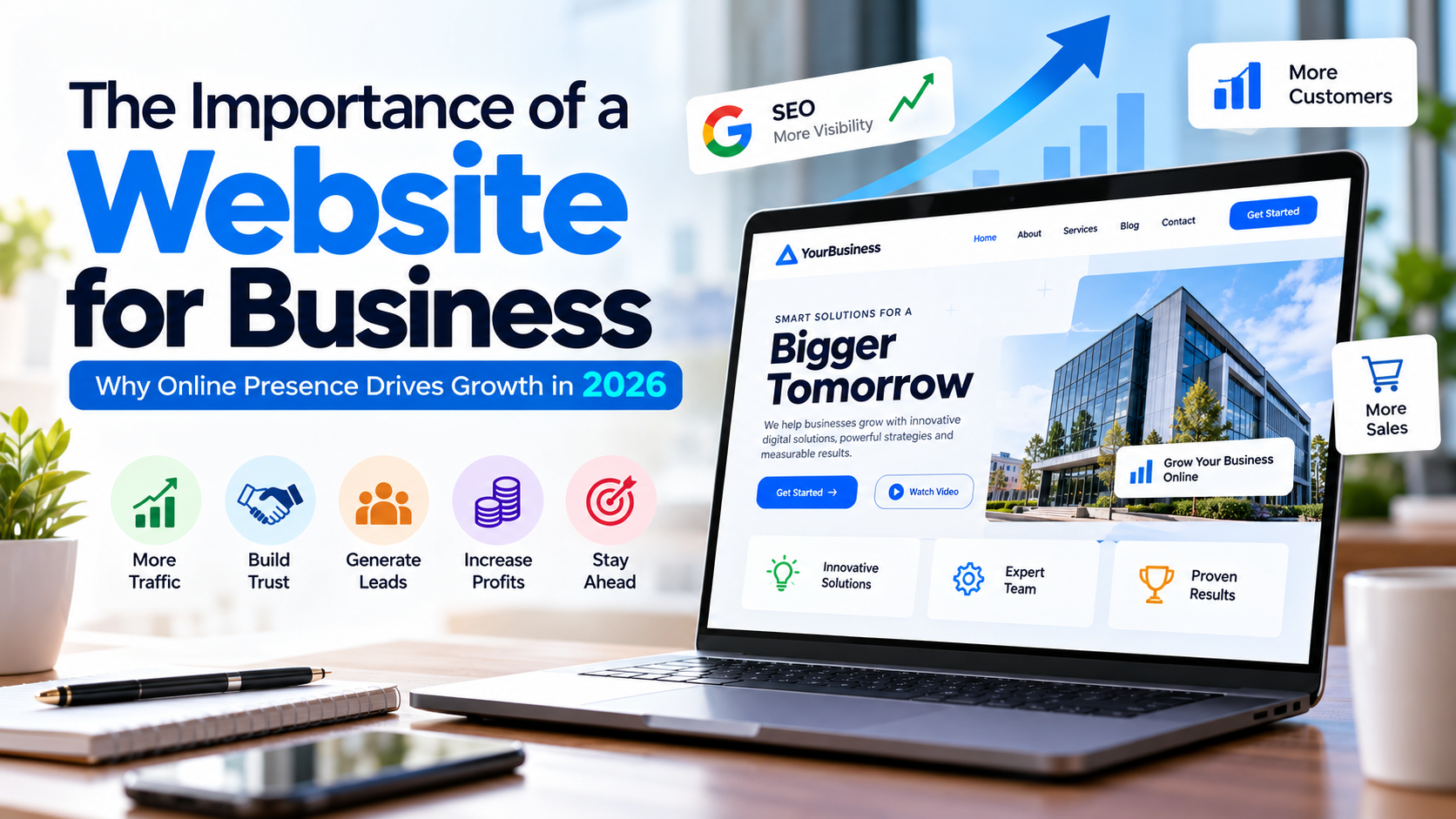 Professional business website displayed on laptop screen showing navigation, hero section, features, testimonials, and calls-to-action