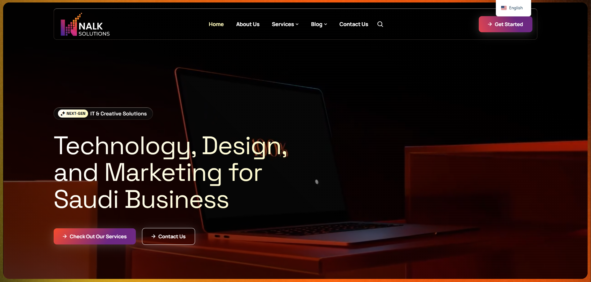 Nalk Solutions website featuring technology, design, and marketing services for Saudi businesses.
