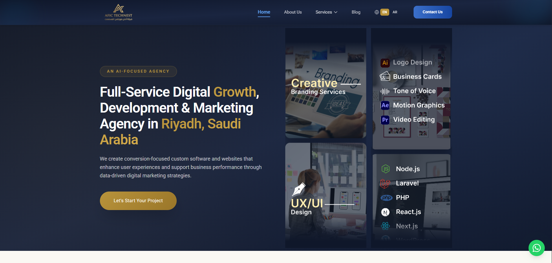 AFIC TechNest website showcasing full-service digital growth, software development, design, and marketing services in Riyadh, Saudi Arabia.