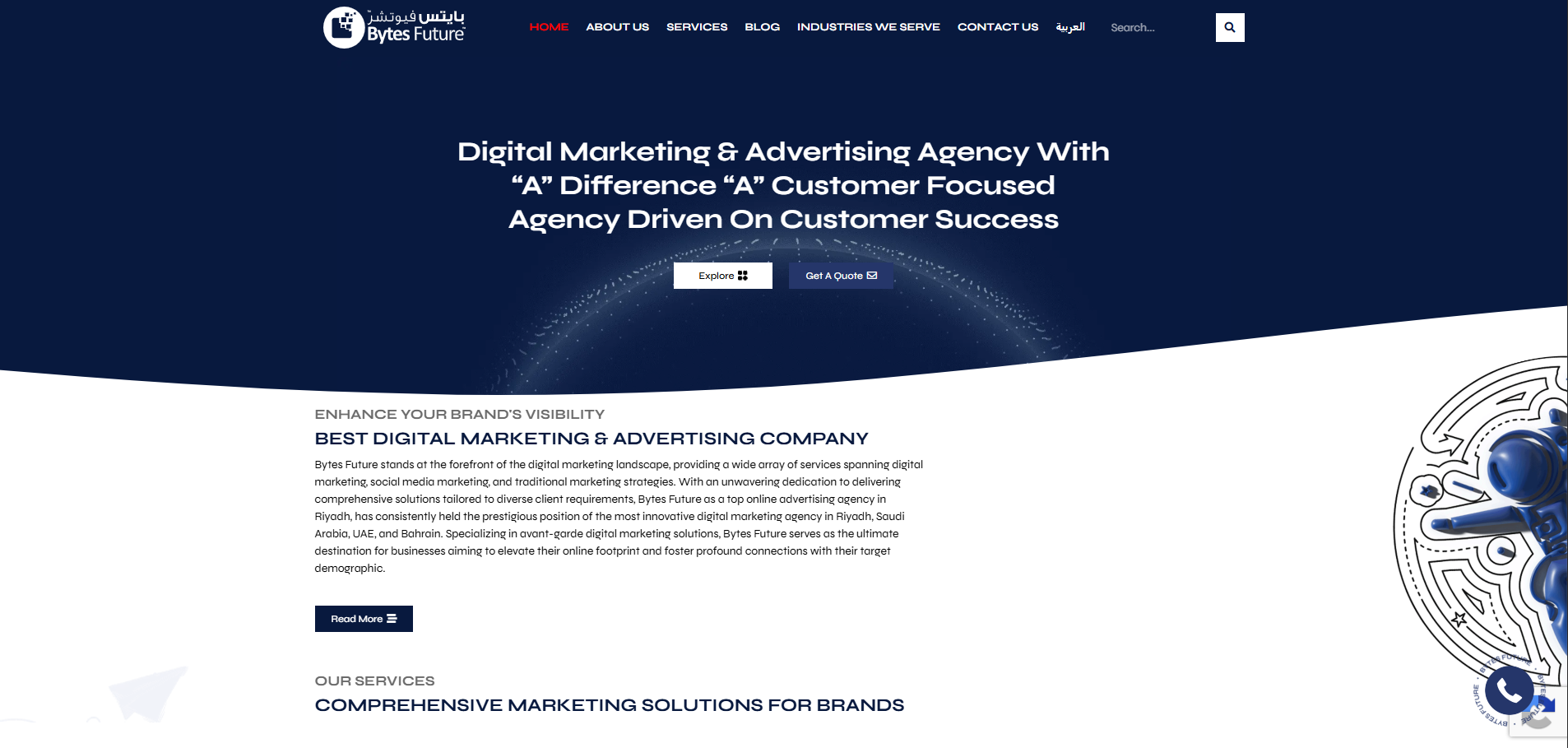 Bytes Future website showcasing digital marketing, advertising, branding, and technology solutions for businesses.