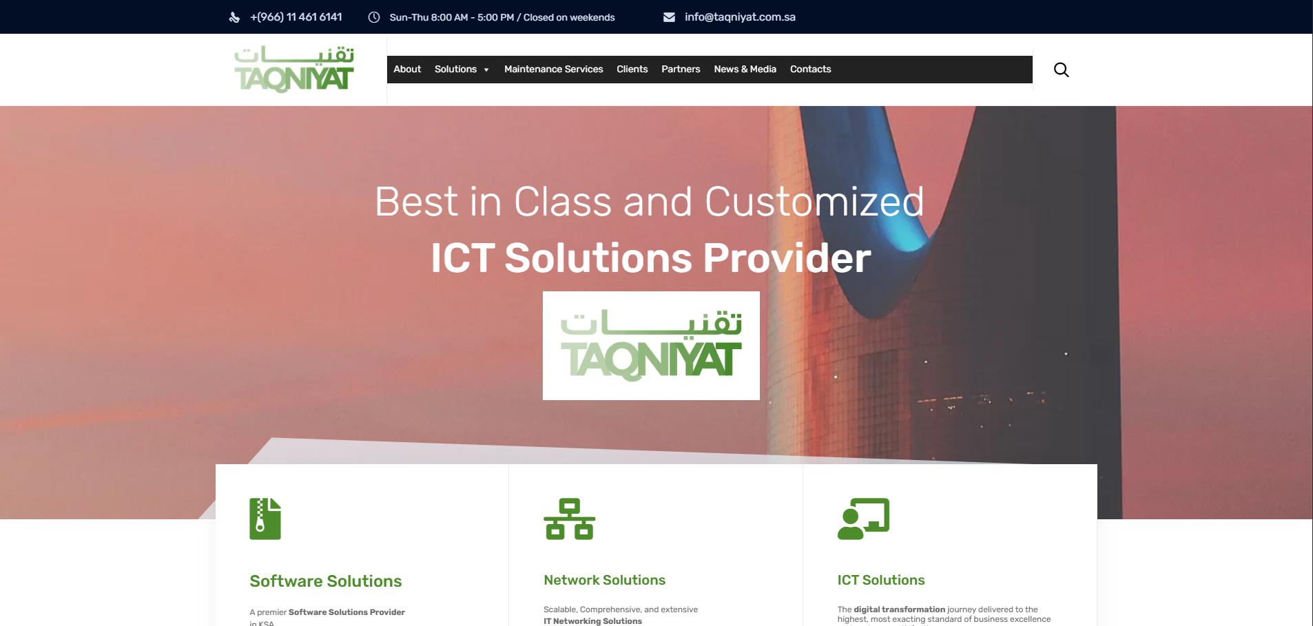 Taqnyat website showcasing customized ICT, software, network, and technology solutions in Saudi Arabia.